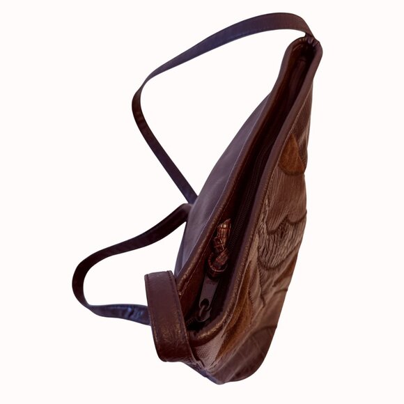 Patchwork Crossbody Bucket Bag Vintage 80s Brown Retro Hobo Purse Exotic Fashion - Picture 7 of 15